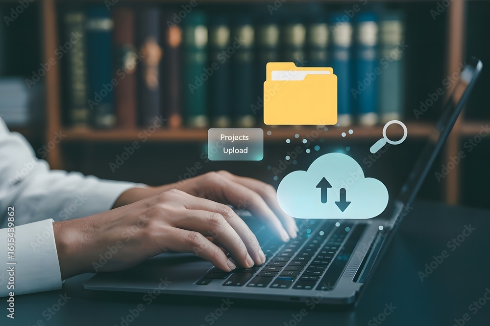 Poster cloud computing and data management person uploading project files to cloud storage on laptop with l