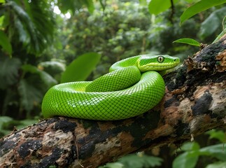 Vibrant Green Tree Viper Coiled on a Branch in Lush Tropical Forest