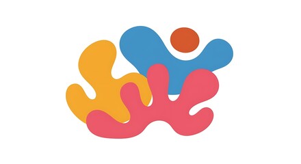 Abstract shapes in yellow blue and pink with a circular orange shape on a white background