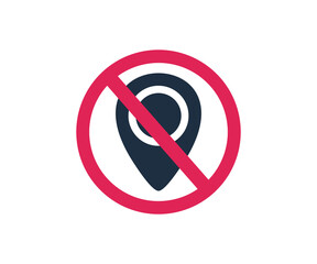 Fototapeta premium Map pin prohibited sign, no location pin sign, gps position forbidden sign. No location allowed sign, map pin prohibition symbol vector design and illustration. 