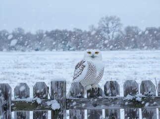 Snowy Owl Perched on a Fence in a Winter Wonderland