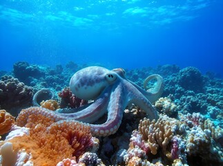 Octopus in its natural habitat coral reef underwater scene