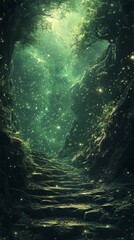 Walking Up Stone Steps in Enchanted Forest with Glowing Light
