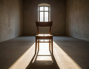 An empty chair in a vast cold room, symbolizing solitude and emotional emptiness