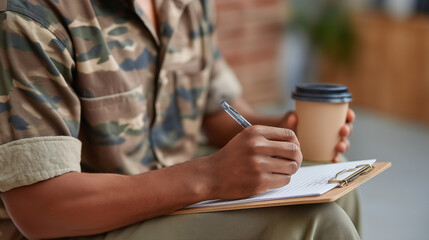 Veterans Peer Support Circle in Studio Setting with Coffee and Notes