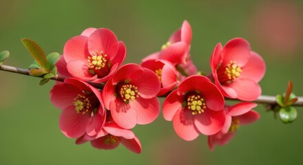 Obraz premium Vibrant Red Flowers Blooming on a Branch with Green Background