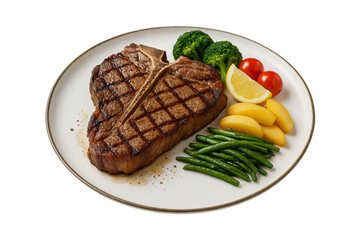 Grilled T-bone steak served with green beans, potato, broccoli, and lemon wedge on white plate.