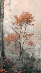 Tree with Orange Leaves Against Textured Wall Backdrop