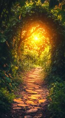 Walking Stone Path Through Lush Green Archway with Sunlit End