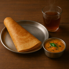 Golden crispy South Indian dosa served on a steel plate with hot sambar and steaming black tea on a wooden table – traditional Indian vegetarian breakfast