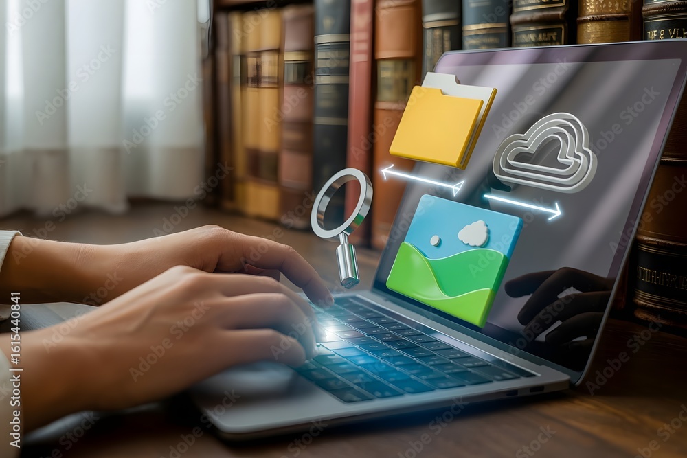 Poster hands typing on laptop with cloud storage file transfer search and image icons hovering above the ke