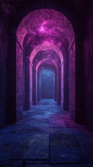 Walking Through Stone Archway Corridor with Glowing Light