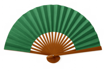 Elegant handheld folding fan with green fabric and wooden ribs, isolated on transparent background, perfect for summer or cultural projects