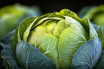 Fresh green cabbage head with detailed leaf texture and natural lighting.