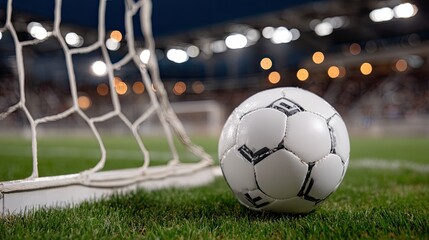 Naklejka premium Soccer ball lies on lush grass next to a goal as the sun sets, casting warm light over the vibrant stadium environment