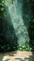 Green Wall with Vines and Sunlight Casting Shadows on Stone Floor