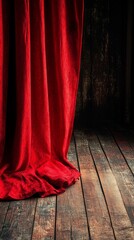 Hanging Red Curtain on Wooden Stage for Performance Backdrop