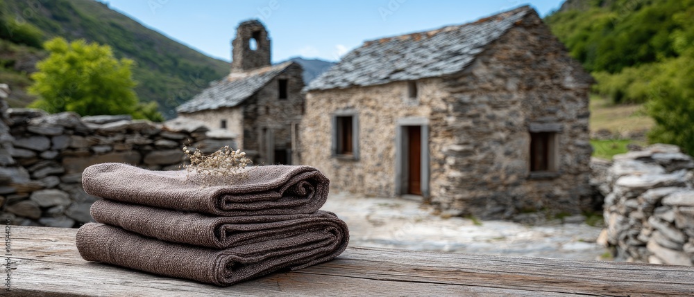 Poster softly textured gray fabric is folded on a wooden table with charming old architecture and greenery 