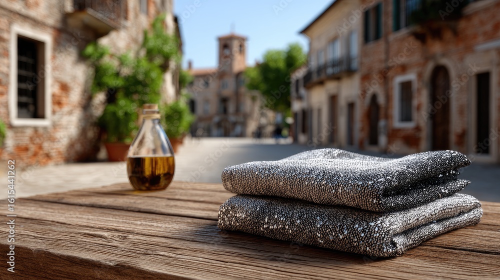 Poster softly textured gray fabric is folded on a wooden table with charming old architecture and greenery 