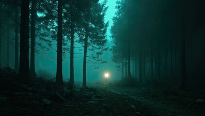 Mystical forest path at night