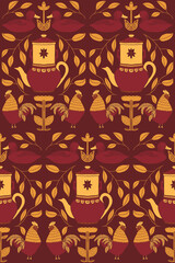 This charming folk-art-inspired pattern features a symmetrical arrangement of classic rural elements in autumn color palette: two ducks, a pair of roosters, floral motifs, and a traditional teapot