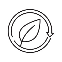Eco friendly icon with a leaf inside a circular arrow representing sustainability renewable resource and environmental conservation concept line vector stroke