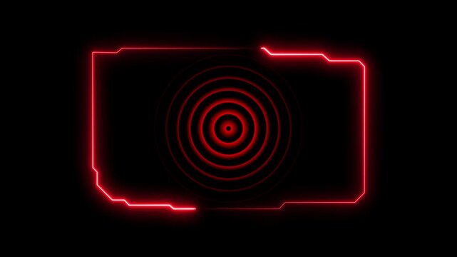 HUD, UI, GUI futuristic user interface screen animation. Glowing digital radio waves radar icon inside rectangle border on black background .4k video 