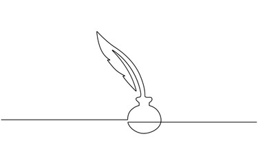 Single continuous line drawing a sheet of paper with quill. There is an inkwell to make writing, Full of allusions. World Poetry Day. Continuous line design graphic illustration.