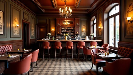 Elegant restaurant interior with classic design showcasing a beautiful bar area and comfortable seating arrangements ideal for fine dining and social gatherings