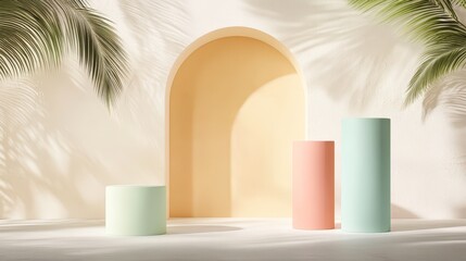 A serene interior scene featuring cylindrical pastel stands against a soft archway backdrop with palm shadows, Ideal for use in lifestyle, decor, or product showcase settings,