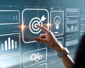 Woman s hand interacting with a digital interface showing a target charts lightbulb and gears for business strategy