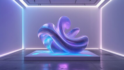 Glowing holographic sculpture in a sleek, minimalist modern gallery