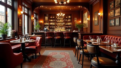 Elegant interior of a classic bar with wooden details and comfortable seating creating a warm and inviting atmosphere