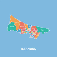 Colorful map of Istanbul, Turkey with labeled administrative districts. Vector illustration isolated on blue background.