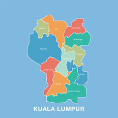 Colorful map of Kuala Lumpur, Malaysia with labeled administrative districts. Vector illustration isolated on blue background.