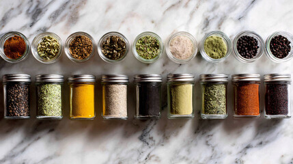 Spice Assortment: A carefully curated collection of colorful spices in glass jars and bowls, presented on a sleek marble surface, providing a feast for the eyes and inspiring culinary creativity.