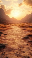Walking Path Through Mountain Valley at Sunrise with Dramatic Light