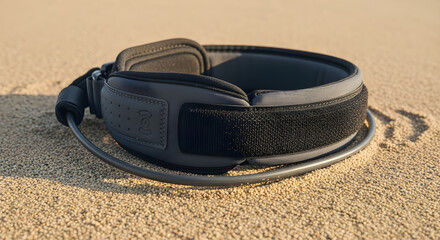 A coiled black surfboard leash on a sunny sandy beach.