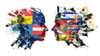 A creative illustration of two faces facing each other, one representing the European Union and another depicting various country flags from around Europe