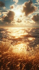 Golden Sunset Over Ocean with Coastal Grasses Landscape