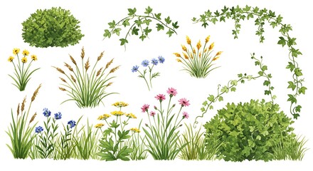 Watercolor illustration of various plants including flowers bushes and climbing vines on white
