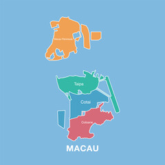Colorful map of Macau, China with labeled administrative districts. Vector illustration isolated on blue background.