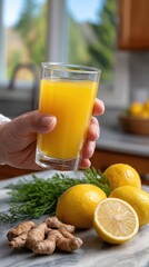 Fototapeta premium Bright morning light illuminates a hand holding ginger juice, surrounded by fresh ginger root and lemons in a modern kitchen