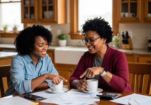 Mother and daughter discussing financial report and drinking coffee