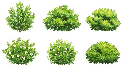 Illustration of six different types of bushes with green leaves and some with white flowers on white background