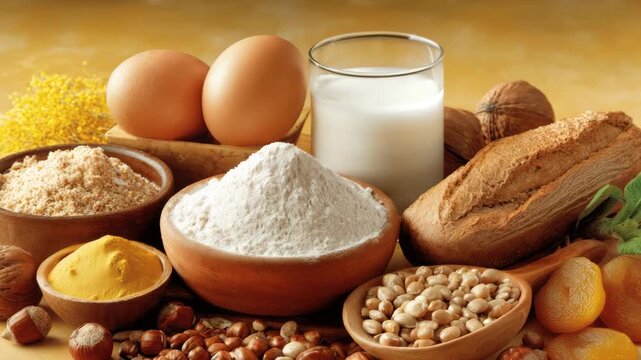 Displays variety cooking ingredients in kitchen. Eggs, flour, milk, delicious recipes. Nuts, dried fruits. Food baking, culinary. Common allergens, soya, nuts, fish, seafood, mustard, apricots, celery