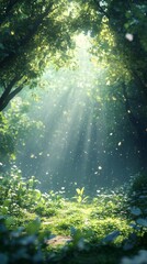 Sunlight Streaming Through Green Forest Canopy with Floating Particles