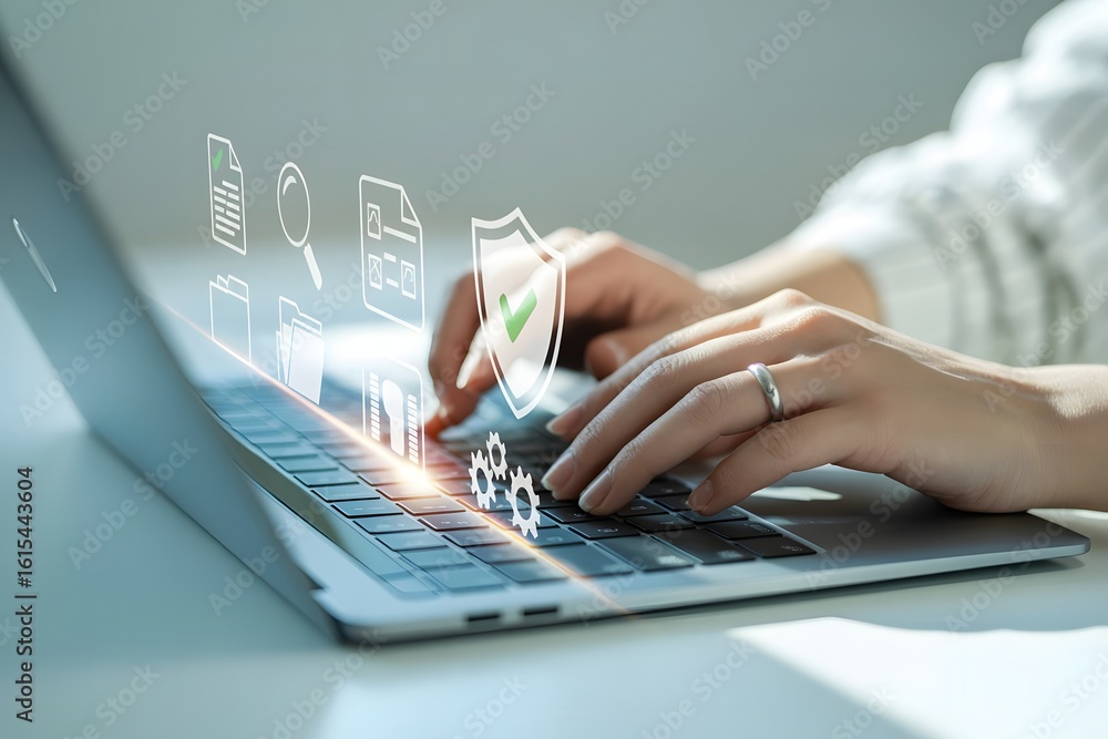 Poster data protection and cybersecurity concept with hands typing on laptop keyboard and digital icons rep