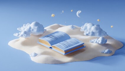 Open book resting on a cloud island, surrounded by pastel clouds and stars, against a pastel blue background