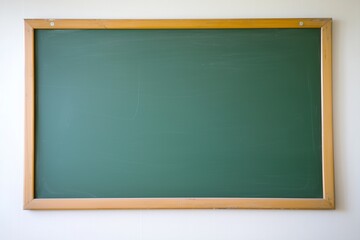 Empty green chalkboard with wooden frame on white wall background.